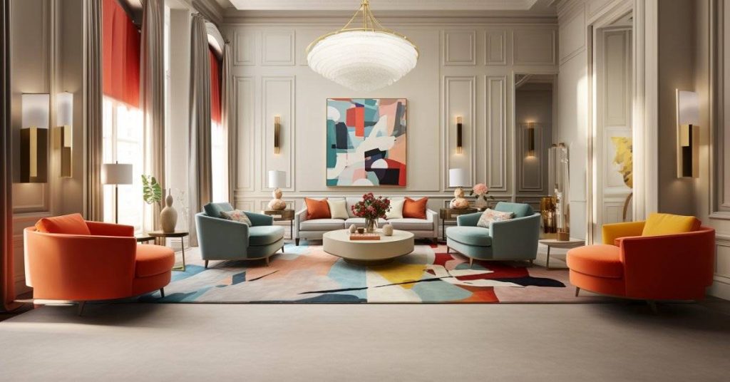 A magnificent drawing room adorned with a vibrant carpet.