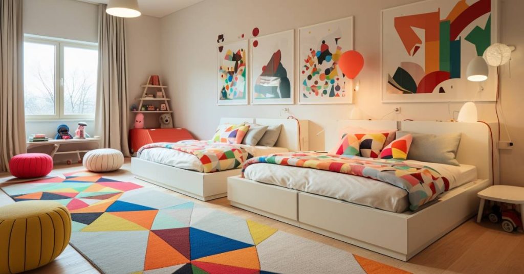 Amazing children's room adorned with a vibrant carpet.